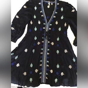 Free People Black Long Sleeve Dress with Colbalt, Light Blue & White Embroidery